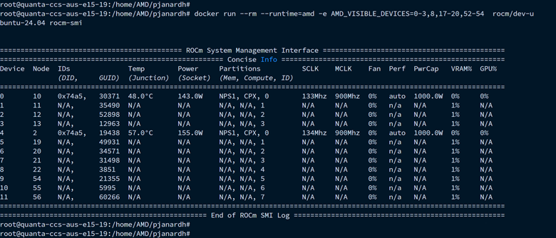 Example output of rocm-smi showing partitioned GPUs inside a container